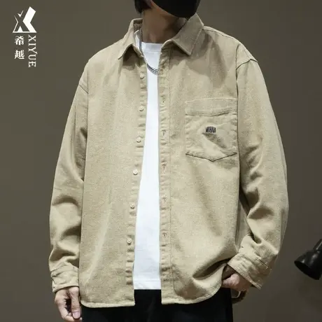 希越美式复古重磅休闲衬衫男款秋季纯棉外套宽松大码加绒加厚衬衣图片