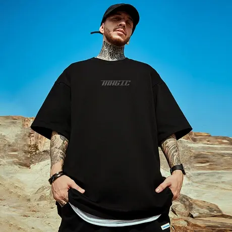 美式重磅高街潮牌宽松T恤胖子短袖男五分袖纯棉肥佬大码男装夏季商品大图