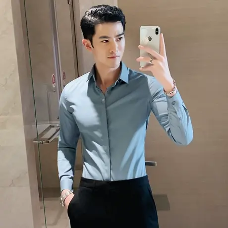 蓝色暗门襟刺绣衬衫春夏新款2023男修身长袖气质上衣垂滑质感寸衣图片