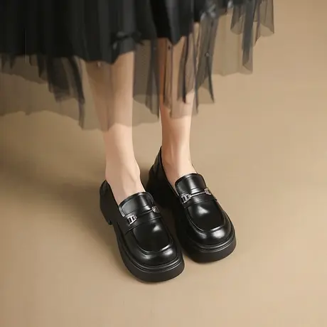 单鞋女2023年夏季新款百搭厚底玛丽珍小皮鞋纯色气质松糕鞋配裙子商品大图