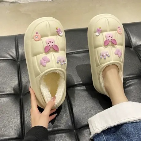 棉拖鞋女冬季外穿可爱小猪厚底防滑防水居家加绒保暖毛毛包跟棉鞋图片