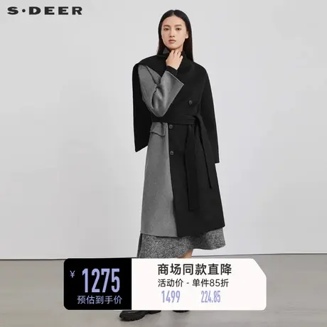 sdeer圣迪奥女装不规则领撞色收腰毛呢长款大衣S223Z2505图片
