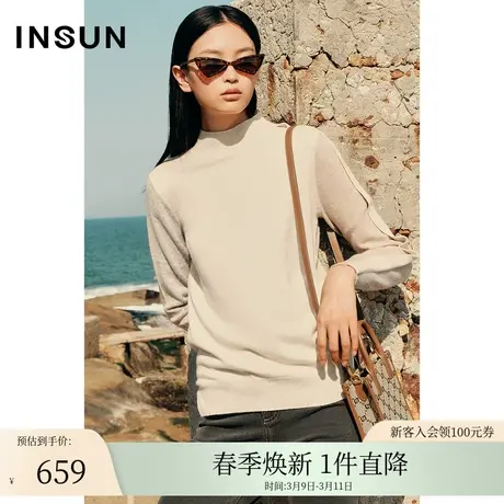 INSUN恩裳冬季拼接拼色半高领羊绒衫商品大图