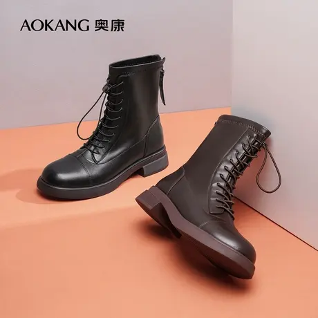 【门店发货】奥康女鞋冬季新款透气真皮系带马丁中筒靴街头英伦风图片