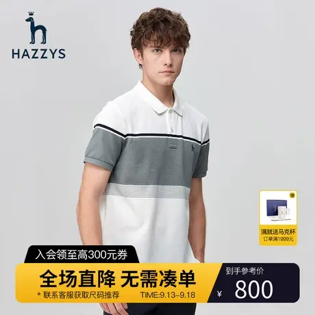Hazzys哈吉斯夏季新款男装条纹撞色休闲短袖T恤宽松上衣POLO衫男商品大图
