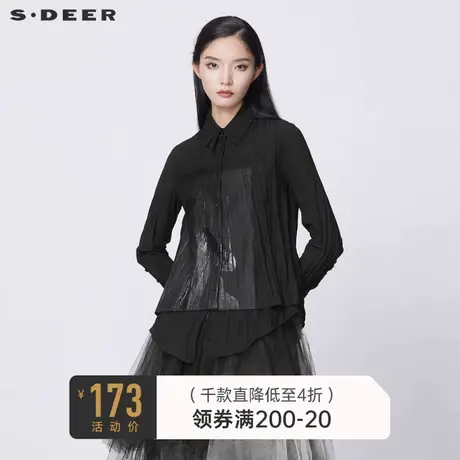 sdeer圣迪奥女装春秋装翻领褶皱拼接不规则长袖黑衬衫S21380520商品大图