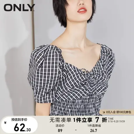 【买5免1】ONLY奥莱夏季复古格子泡泡袖设计感短款纯棉衬衫女商品大图