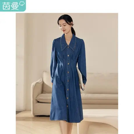 茵曼复古风莱赛尔棉牛仔连衣裙2023冬女装新款翻领灯笼袖收腰长裙图片