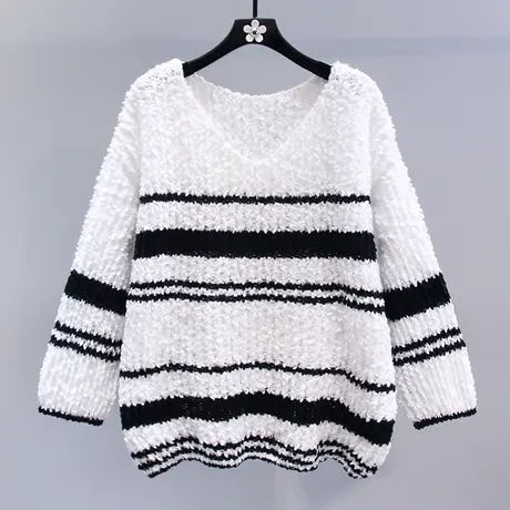慵懒风复古撞色条纹毛衣女秋冬2023新款宽松显瘦中长款套头针织衫商品大图