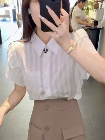 欧洲站Polo领荷叶边短袖衬衫女2023夏季新款女装显瘦减龄名媛上衣图片