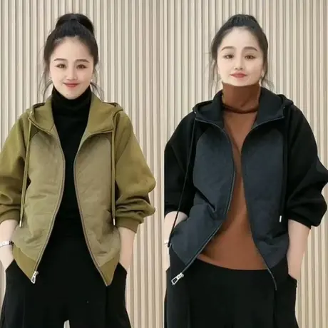 卫衣外套女2023春秋款韩版百搭大码菱形格子拼接连帽开衫夹克上衣图片