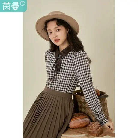 茵曼特价清仓冬季女复古经典格纹撞色尖领设计系带长袖衬衣图片