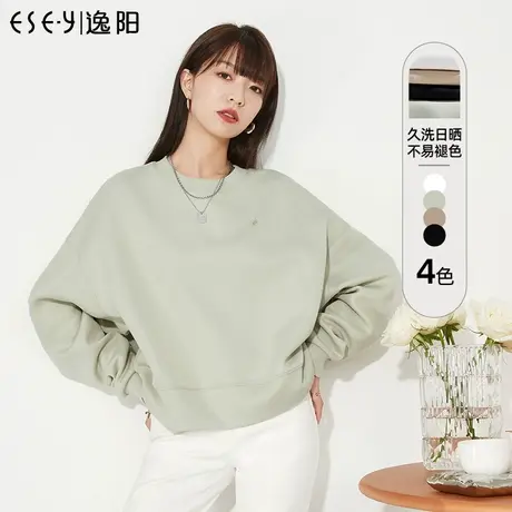 逸阳白色圆领套头卫衣女装2023秋季新款宽松显瘦慵懒短款百搭上衣商品大图