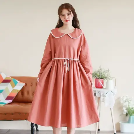 胖妹妹秋季2023新品棉麻娃娃领连衣裙大码微胖学院风减龄显瘦长裙商品大图