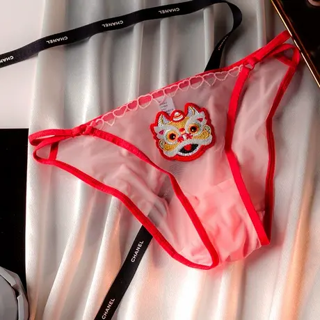 性感惑网纱内裤半透明三角裤本命年红色喜庆女士短裤无痕底裤纯欲图片