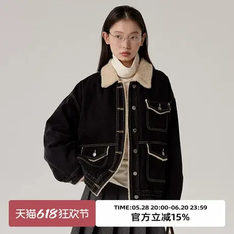 omont蛋挞家 复古羊羔毛牛仔外套2024冬季设计感黑色宽松夹克上衣商品大图