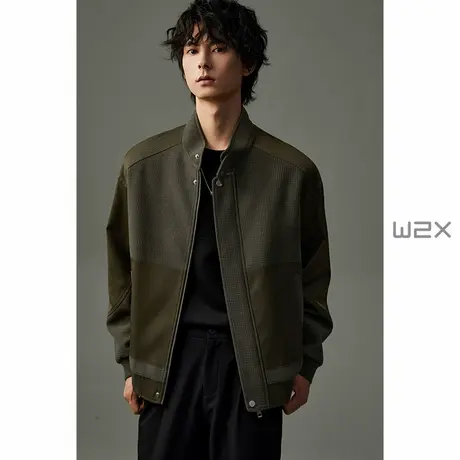 w2x春秋季峰窝华夫格雪尼尔立领夹克外套男设计感拼接秋装上衣潮商品大图