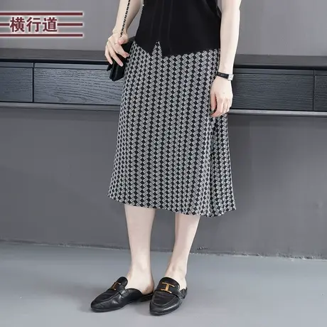 2023夏季新款韩版淑女松紧腰黑白格子中长款半身裙大码显瘦女外穿图片
