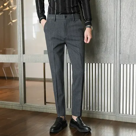 秋冬季休闲复古灰色毛呢西装裤男士百搭小西裤加厚款潮流长裤子商品大图