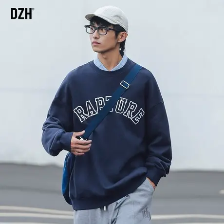 男生蓝色圆领卫衣男宽松潮流百搭秋季上衣服潮牌ins港风休闲外套商品大图