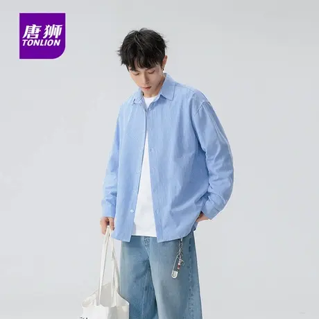 唐狮男士秋冬季薄款条纹衬衫青少年学生翻领长袖宽松衬衣外套女AP商品大图