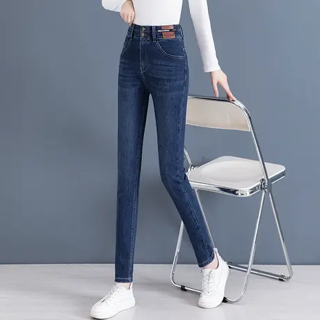 拉夏贝尔加绒牛仔裤女秋冬2025年新款高腰显瘦长裤加厚铅笔小脚裤商品大图