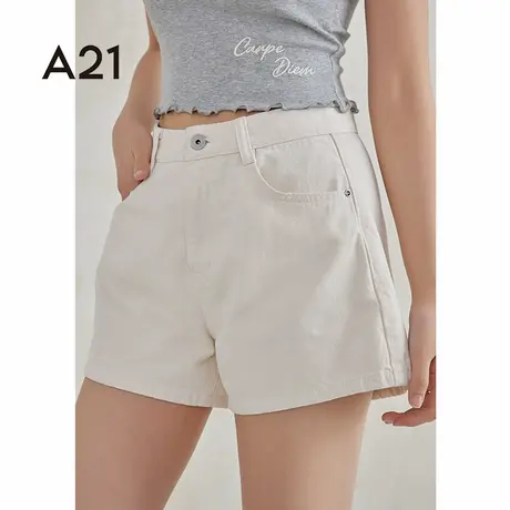 A21宽松白色牛仔短裤女夏季新款休闲纯色简约直筒三分裤轻松搭配图片