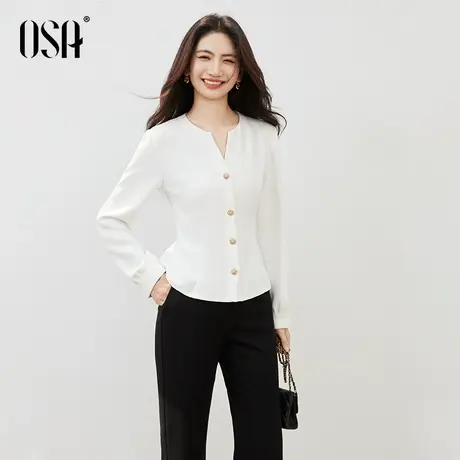 OSA欧莎V领长袖衬衫女上衣2025秋季新款收腰显瘦通勤百搭垂感衬衣商品大图