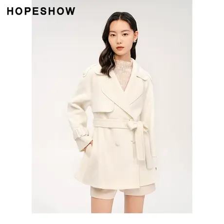 红袖outlets双排扣翻领中长大衣hopeshow2023冬款宽松高级感外套商品大图