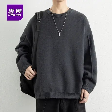 唐狮秋冬季新款美式复古纯色圆领毛衣宽松时尚潮流针织衫上衣服AP图片