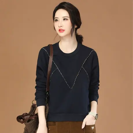 韩潮袭人圆领拼接加绒卫衣女2023冬季新款长袖宽松加厚保暖上衣图片