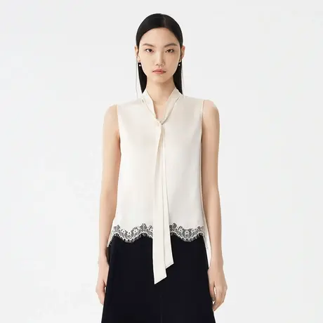 【真丝】LANCY/朗姿夏季无袖衬衫女宽松飘带高级感衬衣商品大图