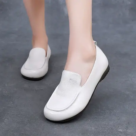 软牛皮平底妈妈鞋春秋新款不累脚单鞋真皮2025圆头乐福鞋大码女鞋图片