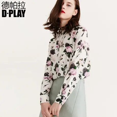 DPLAY德帕拉夏款欧美浅绿色山茶花印花衬衫通勤OL缎面上衣商品大图