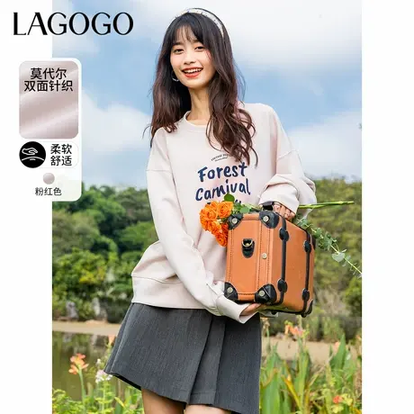 LAGOGO粉色柔软慵懒风字母卫衣女拉谷谷春秋新款长袖圆领拼接上衣商品大图