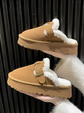 加绒勃肯拖鞋女外穿2023年秋冬新款懒人一脚蹬松糕厚底包头棉拖鞋商品大图