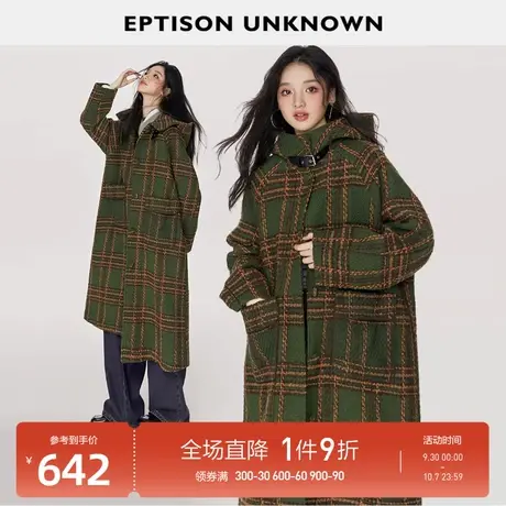 EPTISON毛呢大衣女2023冬季新款复古高级感连帽格子长款宽松外套图片
