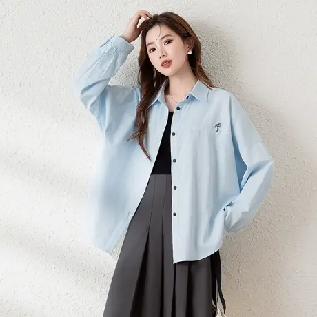 唐狮新款长袖衬衫女蓝色翻领宽松净色百搭休闲设计感上衣blTM商品大图