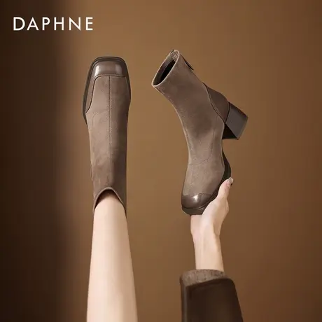 达芙妮粗跟短靴女2026新款冬季加绒法式高跟瘦瘦靴袜靴方头马丁靴商品大图