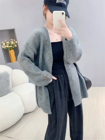 慵懒风软糯毛衣外套女秋季2023新款韩版宽松设计感中长款针织开衫商品大图