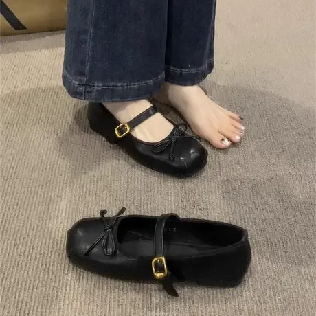 真皮小香风单鞋女秋季2023新款黑色配裙玛丽珍鞋软皮浅口芭蕾舞鞋商品大图