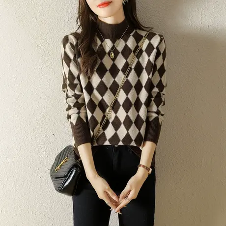 半高领毛衣女士秋冬季2023新款菱形格子针织衫宽松打底衫洋气上衣商品大图