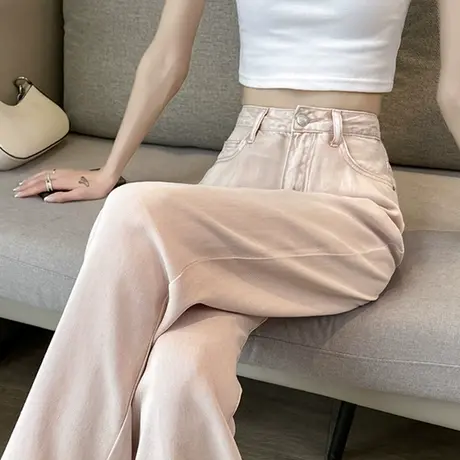 粉色莱赛尔阔腿牛仔裤女夏季薄款天丝显瘦高腰小个子直筒拖地裤潮商品大图