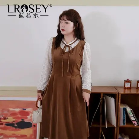 蓝若水大码假两件灯芯绒连衣裙冬季新款胖MM拼接蕾丝收腰显瘦长裙商品大图