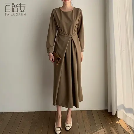 百洛安设计感褶皱束腰连衣裙女秋季新款OL气质优雅圆领长袖长裙子图片