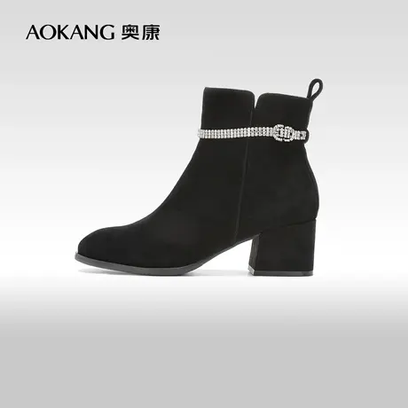 【门店发货】奥康女鞋 2023冬季新款绒面舒适低跟短靴时尚瘦瘦靴图片