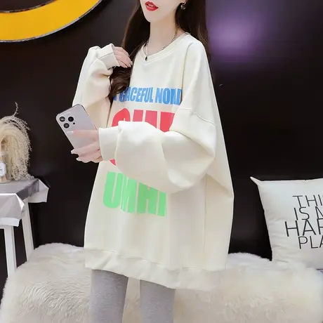 韩版宽松中长款圆领加绒卫衣女2023冬季新款洋气减龄百搭网红上衣图片