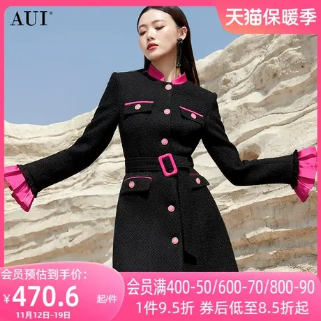 AUI黑色名媛气质中长款外套女2023秋冬新款高级感小香风修身大衣商品大图