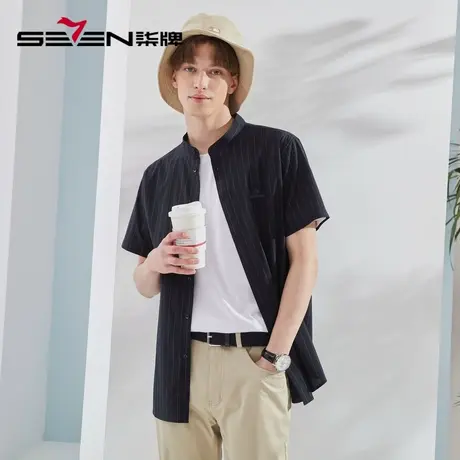 【100%棉】柒牌短袖衬衫男夏季新款时尚潮流条纹色织黑色立领衬衣商品大图