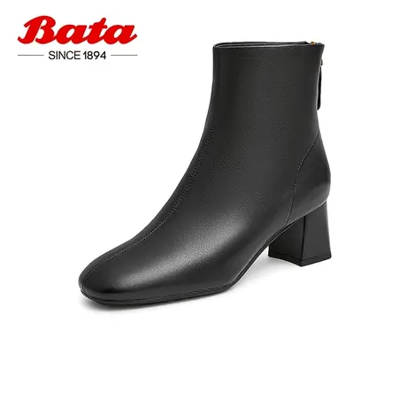 奥莱Bata时尚瘦瘦靴女冬商场新款通勤粗跟百搭羊皮短筒靴ATI40DD2图片